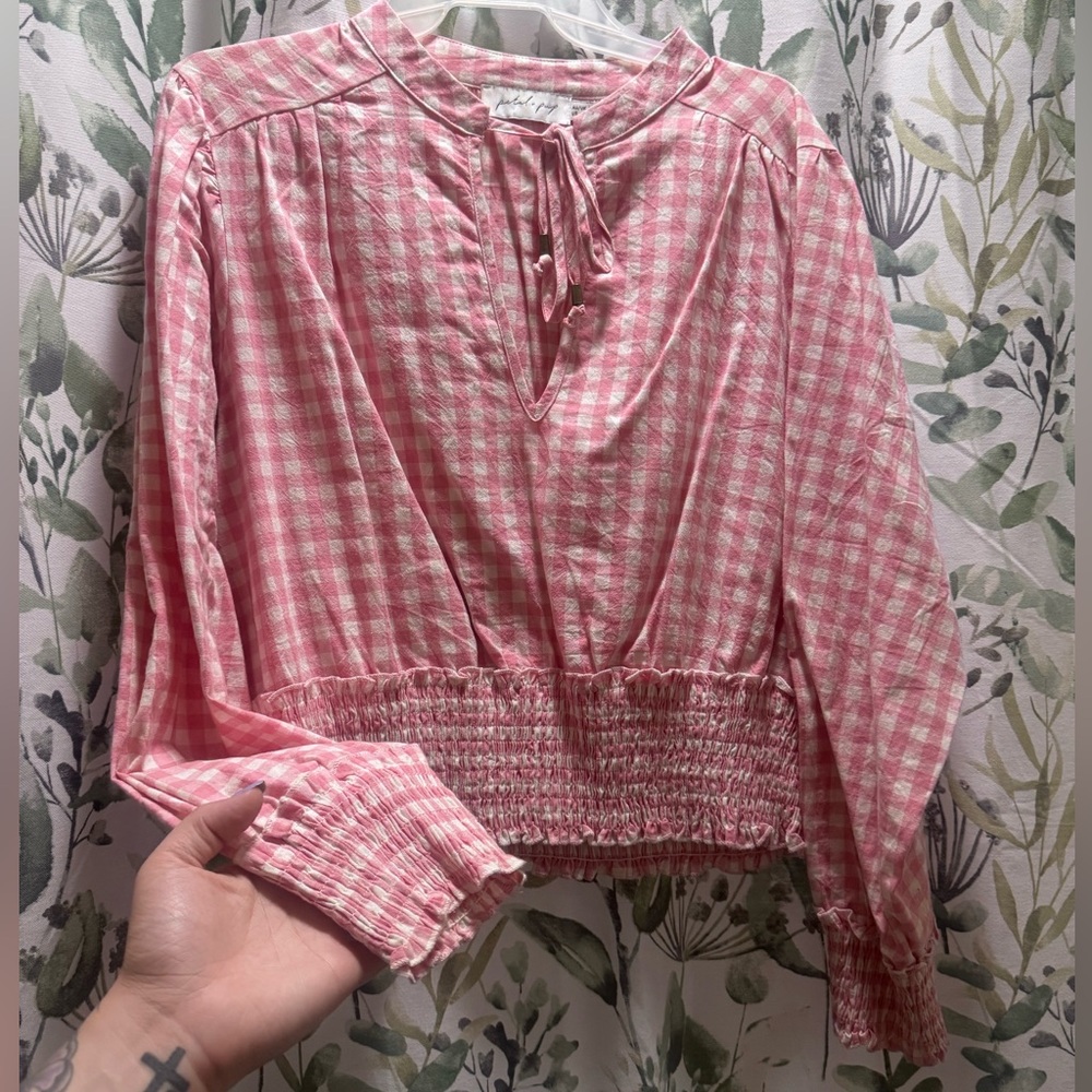 Pink Gingham Blouse with Tie Neck